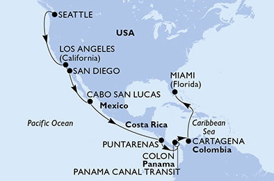 Harta croaziera Seattle,Los Angeles,San Diego,Cabo San Lucas,Puntarenas,BLB-Panam Canal,CTB-Panama Canal,Colon,Cartagena,Miami