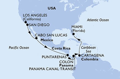Harta croaziera Los Angeles,San Diego,Cabo San Lucas,Puntarenas,BLB-Panam Canal,CTB-Panama Canal,Colon,Cartagena,Miami