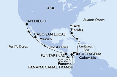 Harta croaziera San Diego,Cabo San Lucas,Puntarenas,BLB-Panam Canal,CTB-Panama Canal,Colon,Cartagena,Miami