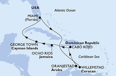Harta croaziera Croazieră în America Centrală și Caraibe