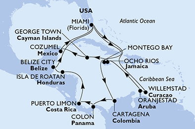 Harta croaziera Croazieră în America Centrală și Caraibe