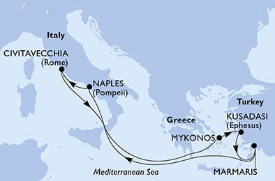 Harta croaziera Croazieră în Mediterana