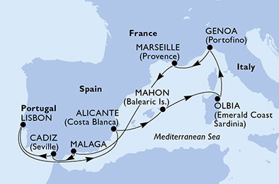 Harta croaziera Croazieră în Mediterranean