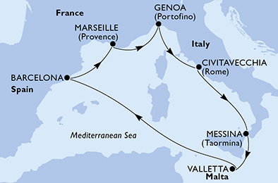 Harta croaziera Croazieră în Mediterana