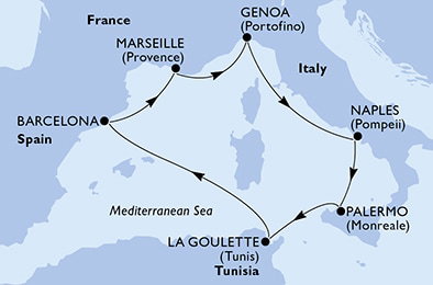 Harta croaziera Croazieră în Mediterana
