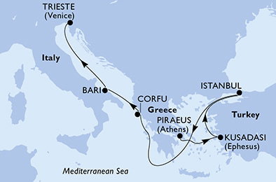 Harta croaziera Croazieră în Mediterana