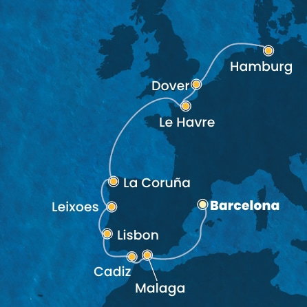 Harta croaziera Spain, Portugal, France, England, Germany
