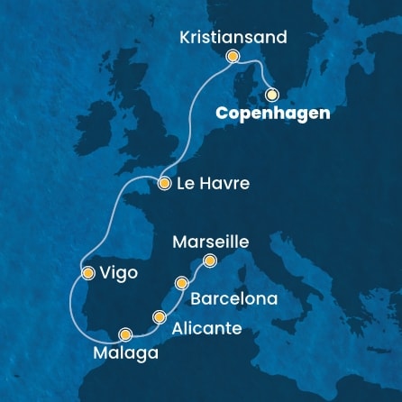Harta croaziera Denmark, Norway, France, Spain