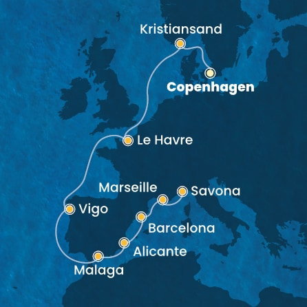 Harta croaziera Denmark, Norway, France, Spain, Italy