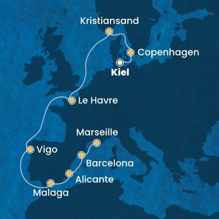 Harta croaziera Germany, Denmark, Norway, France, Spain