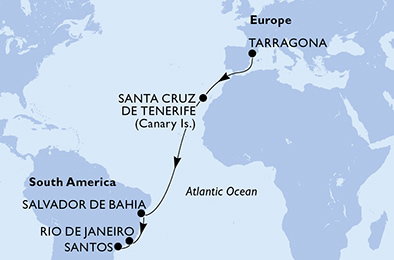 Harta croaziera Tarragona,Santa Cruz de Tenerife,Salvador,Rio de Janeiro,Santos