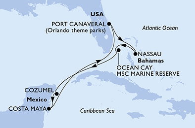 Harta croaziera Croazieră în America Centrală și Caraibe