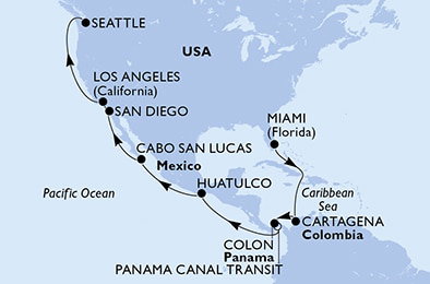 Harta croaziera Miami,Cartagena,Colon,CTB-Panama Canal,BLB-Panam Canal,Huatulco,Cabo San Lucas,San Diego,Los Angeles,Seattle