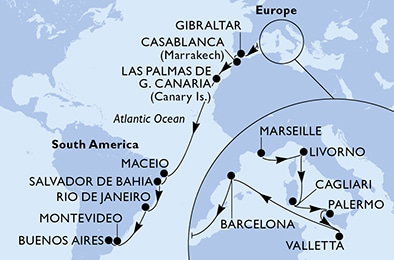 Harta croaziera Marseille,Livorno,Cagliari,Palermo,Valletta,Barcelona,Gibraltar,Casablanca,Las Palmas de G.Canaria,Maceio,Salvador,Rio de Janeiro,Montevideo,Buenos Aires