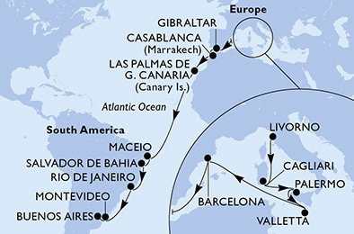 Harta croaziera Livorno,Cagliari,Palermo,Valletta,Barcelona,Gibraltar,Casablanca,Las Palmas de G.Canaria,Maceio,Salvador,Rio de Janeiro,Montevideo,Buenos Aires