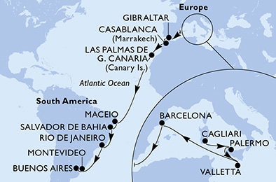Harta croaziera Cagliari,Palermo,Valletta,Barcelona,Gibraltar,Casablanca,Las Palmas de G.Canaria,Maceio,Salvador,Rio de Janeiro,Montevideo,Buenos Aires