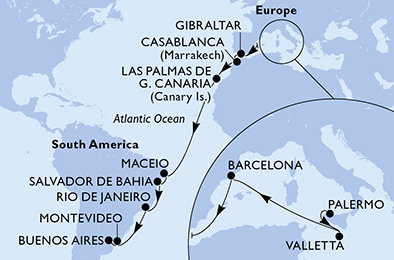 Harta croaziera Palermo,Valletta,Barcelona,Gibraltar,Casablanca,Las Palmas de G.Canaria,Maceio,Salvador,Rio de Janeiro,Montevideo,Buenos Aires
