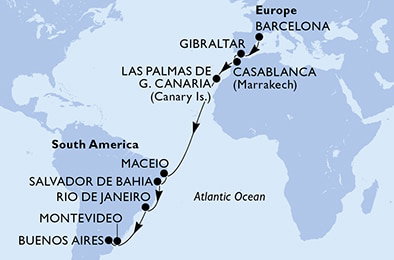 Harta croaziera Barcelona,Gibraltar,Casablanca,Las Palmas de G.Canaria,Maceio,Salvador,Rio de Janeiro,Montevideo,Buenos Aires