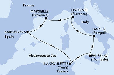 Harta croaziera Croazieră în Mediterana