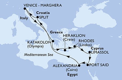 Harta croaziera Croazieră în Mediterana