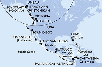 Harta croaziera Miami,Cartagena,Colon,CTB-Panama Canal,BLB-Panam Canal,Huatulco,Cabo San Lucas,San Diego,Los Angeles,Seattle,Ketchikan,Icy Strait Hoonah,Tracy Arm,Juneau,Victoria,Seattle