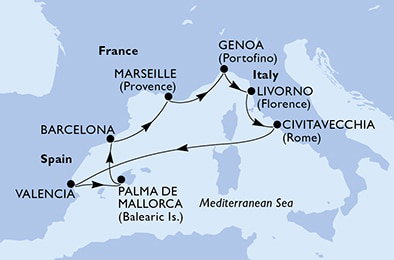 Harta croaziera Croazieră în Mediterana