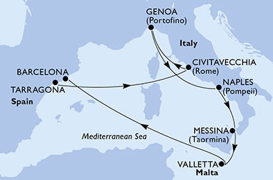 Harta croaziera Croazieră în Mediterana