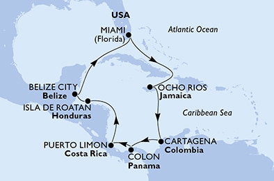 Harta croaziera Croazieră în America Centrală și Caraibe