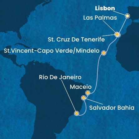 Harta croaziera Portugal, Canary Islands, Cape Verde, Brazil