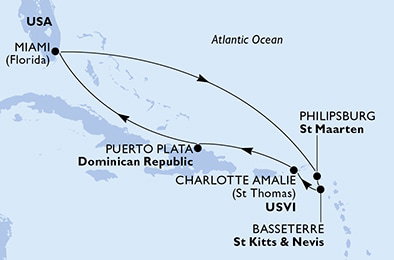 Harta croaziera Croazieră în America Centrală și Caraibe