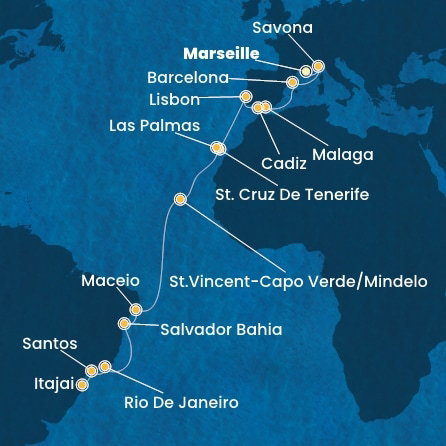 Harta croaziera France, Italy, Spain, Portugal, Canary Islands, Cape Verde, Brazil