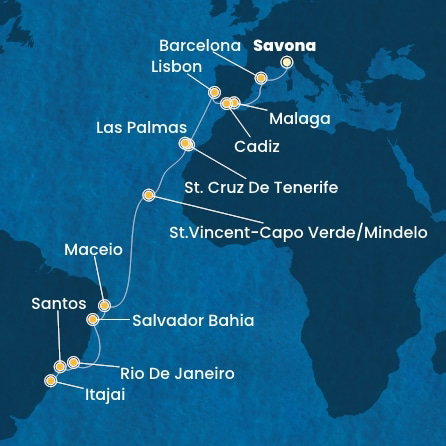 Harta croaziera Italy, Spain, Portugal, Canary Islands, Cape Verde, Brazil