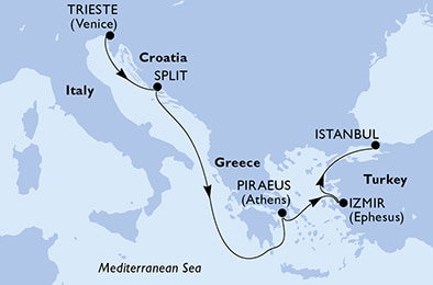 Harta croaziera Croazieră în Mediterana