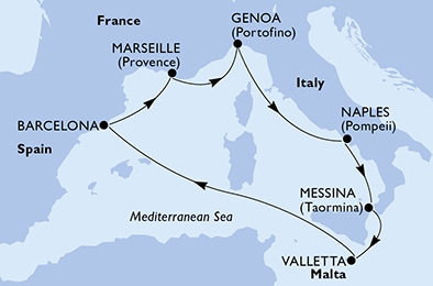 Harta croaziera Croazieră în Mediterana