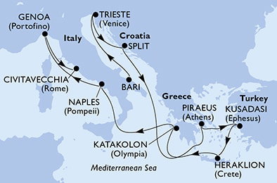 Harta croaziera Croazieră în Mediterana