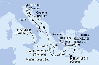 Harta croaziera Croazieră în Mediterana