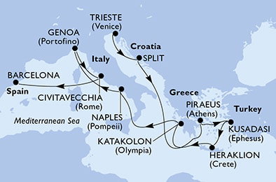 Harta croaziera Croazieră în Mediterana