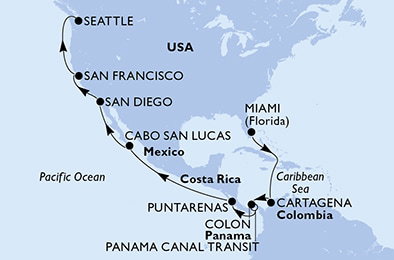 Harta croaziera Miami,Cartagena,Colon,CTB-Panama Canal,BLB-Panam Canal,Puntarenas,Cabo San Lucas,San Diego,San Francisco,Seattle