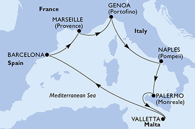 Harta croaziera Croazieră în Mediterana