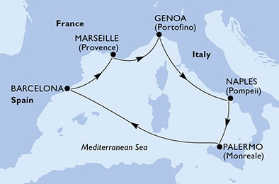 Harta croaziera Croazieră în Mediterana