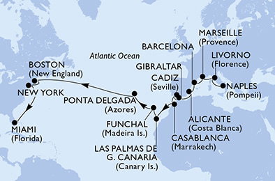 Harta croaziera Naples,Livorno,Marseille,Barcelona,Alicante,Gibraltar,Cadiz,Casablanca,Las Palmas de G.Canaria,Funchal,Ponta Delgada,Ponta Delgada,Boston,Boston,New York,Miami