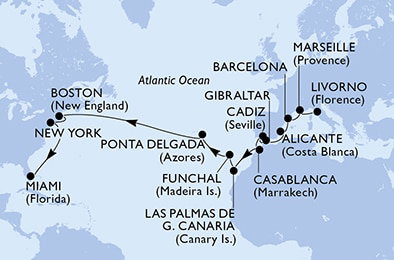 Harta croaziera Livorno,Marseille,Barcelona,Alicante,Gibraltar,Cadiz,Casablanca,Las Palmas de G.Canaria,Funchal,Ponta Delgada,Ponta Delgada,Boston,Boston,New York,Miami