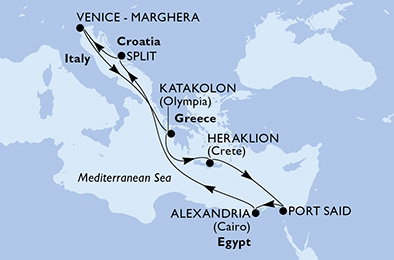 Harta croaziera Croazieră în Mediterana