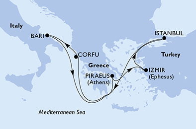 Harta croaziera Croazieră în Mediterana
