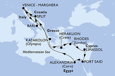 Harta croaziera Croazieră în Mediterana
