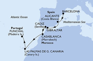Harta croaziera Barcelona,Alicante,Gibraltar,Cadiz,Casablanca,Las Palmas de G.Canaria,Funchal