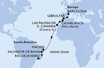 Harta croaziera Spain,Gibraltar,Morocco,Brazil