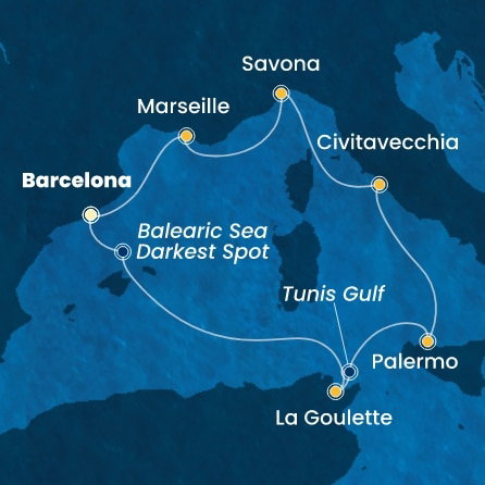Harta croaziera Spain, Tunisia, Italy, France