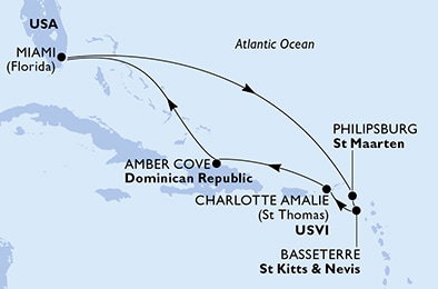 Harta croaziera Croazieră în America Centrală și Caraibe