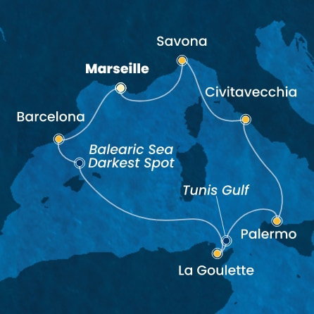 Harta croaziera France, Spain, Tunisia, Italy